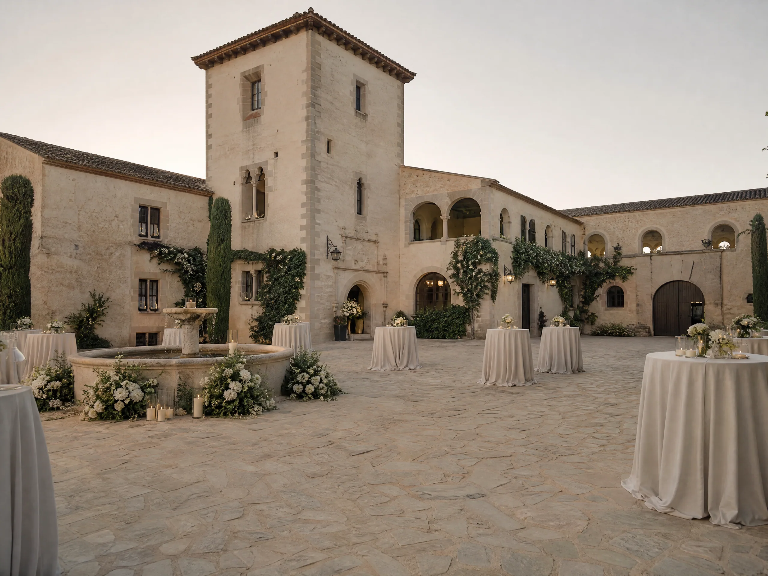 Torre Sever: empty wedding venue exterior and courtyard at soft afternoon light