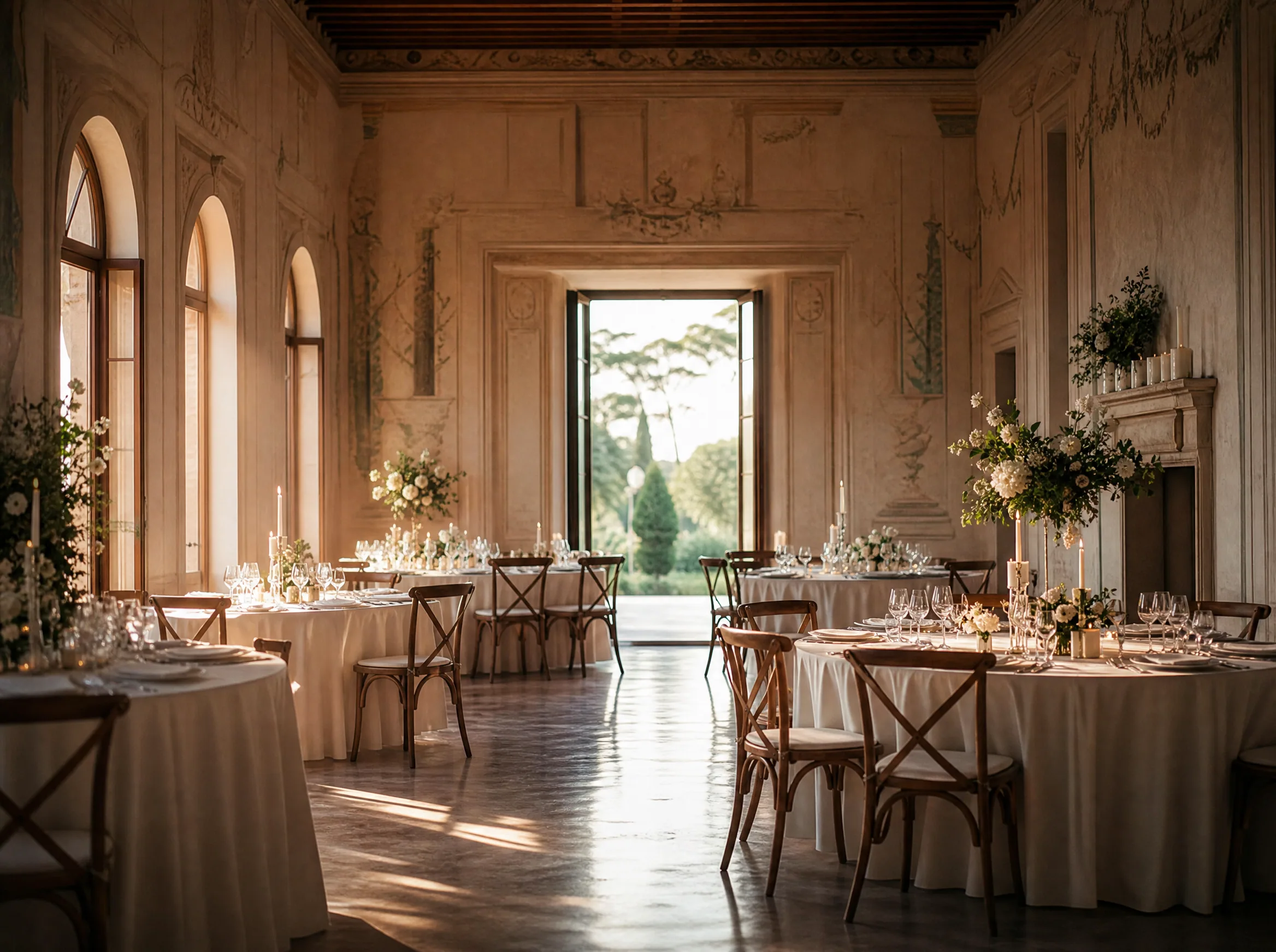 Torre Sever: empty reception hall with linen and soft décor accents