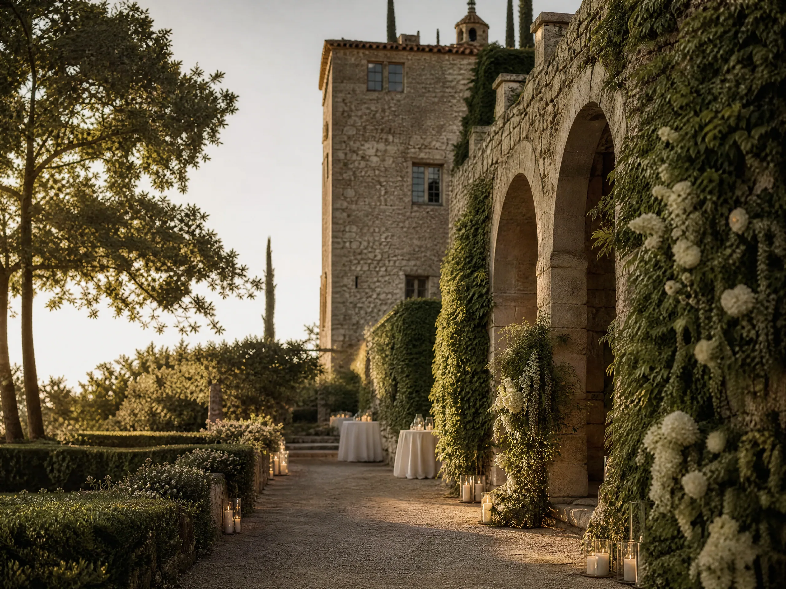 Torre Sever: empty garden path and stone arches at a wedding estate