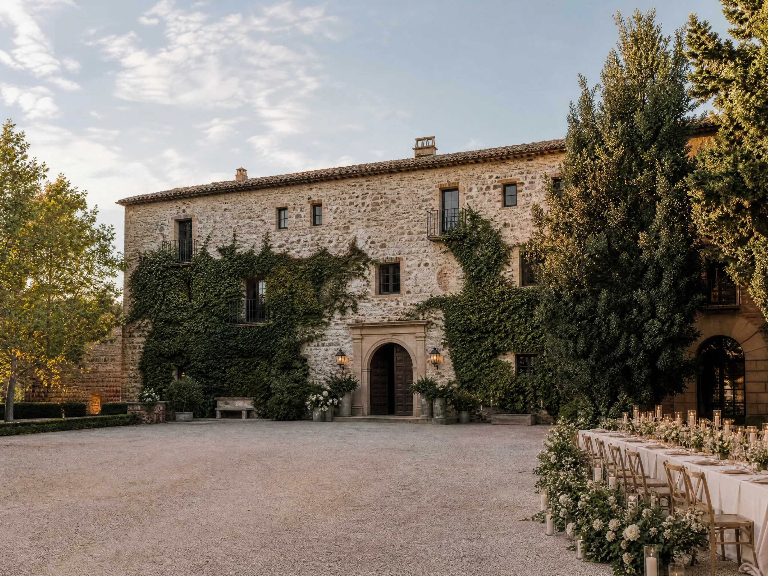 Mas de Sant Lleí: empty wedding venue exterior and courtyard at soft afternoon light