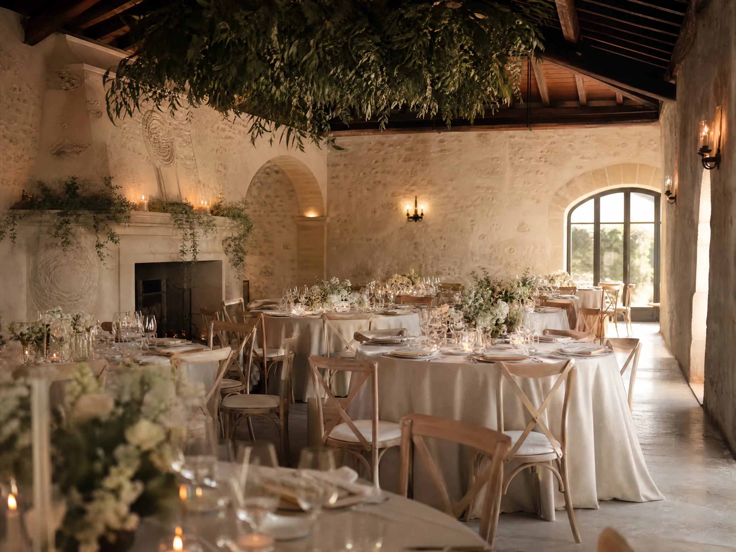 Mas de Sant Lleí: empty reception hall with linen and soft décor accents