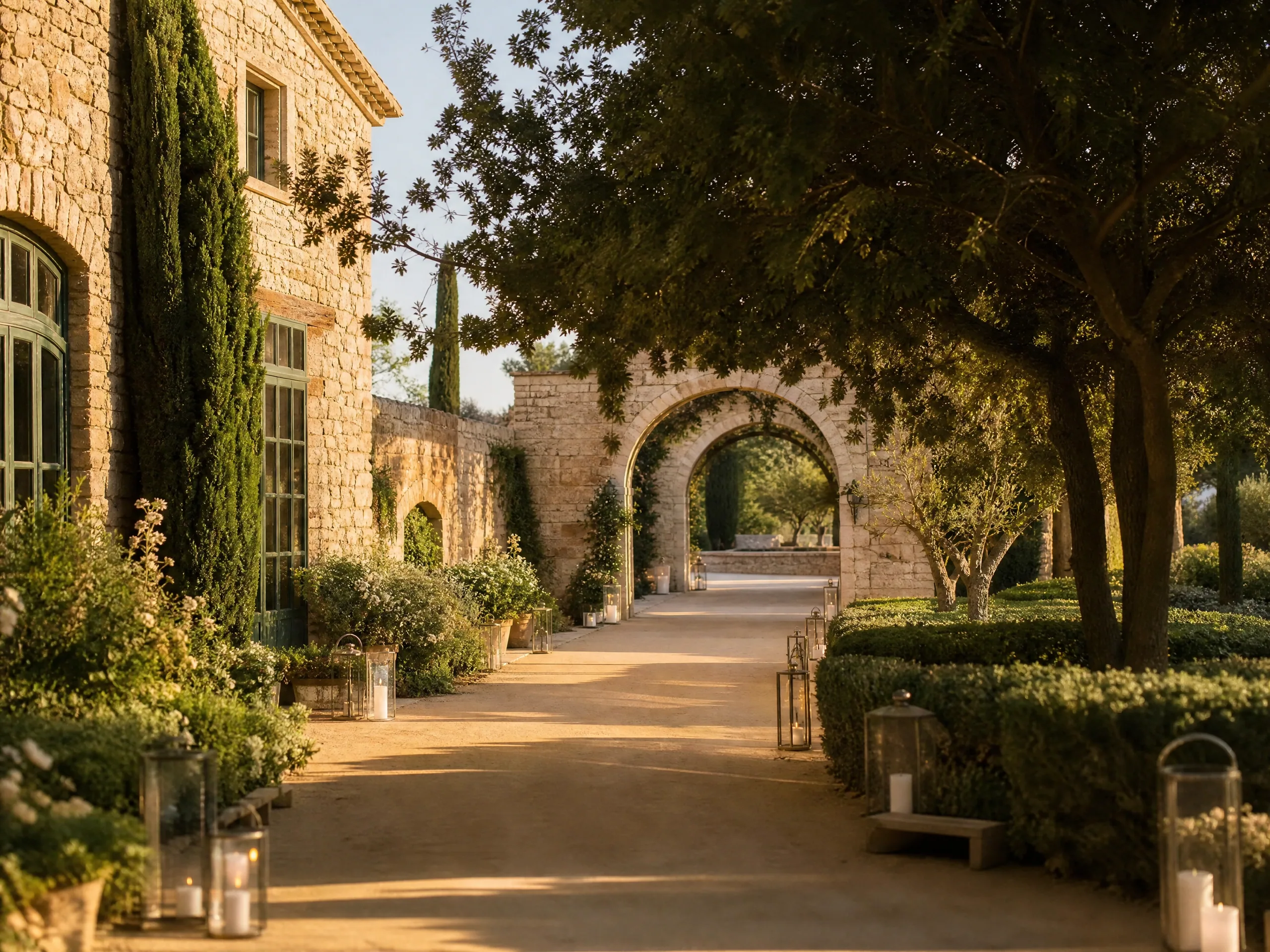 Mas de Sant Lleí: empty garden path and stone arches at a wedding estate