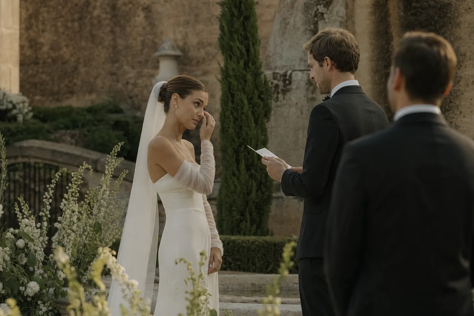 Documentary wedding moment in a Spanish garden ceremony