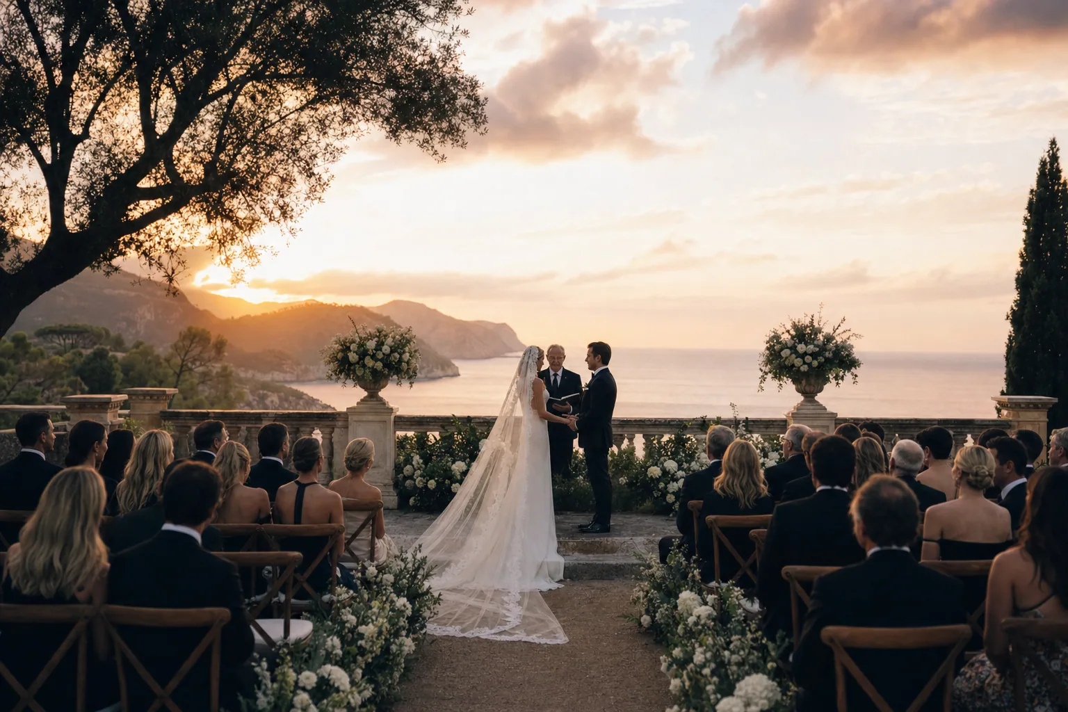 Sunset ceremony light for a Mallorca destination wedding film