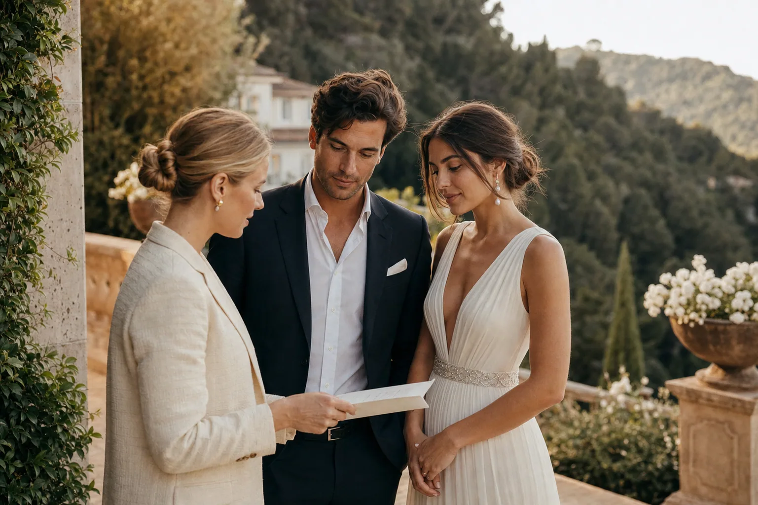 Wedding videographer planning timeline with couple in Spain