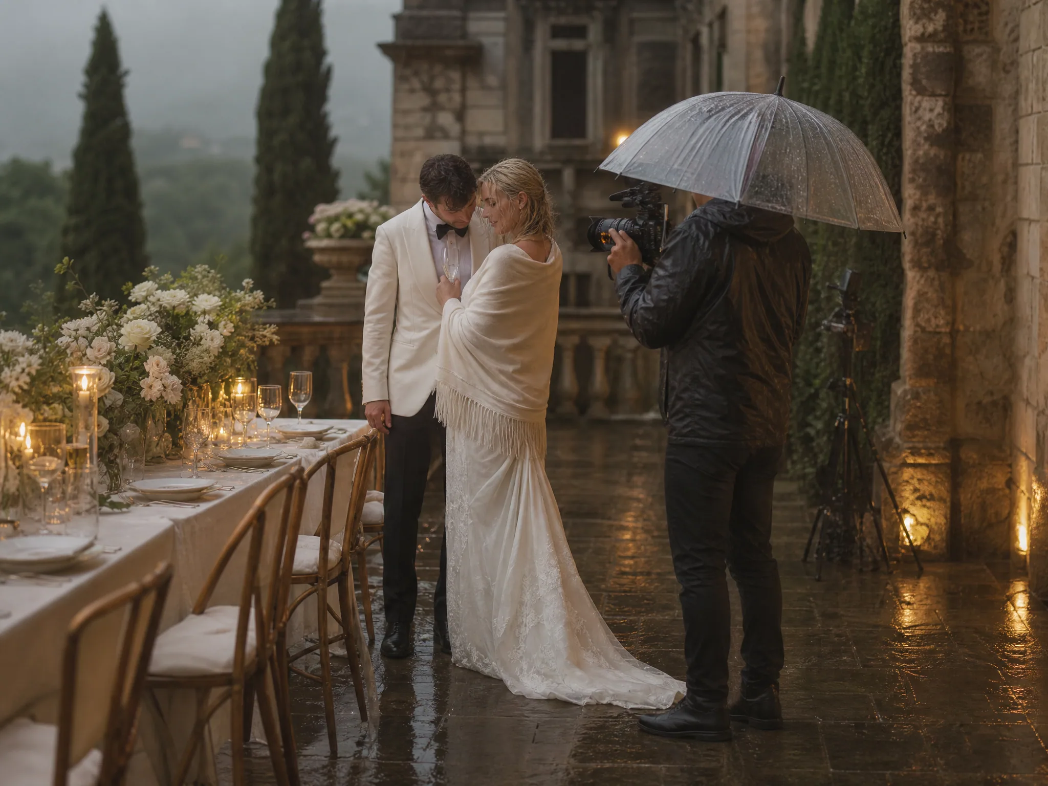 Wedding reception detail: Working with Your Photography and Videography Team in Wet Conditions