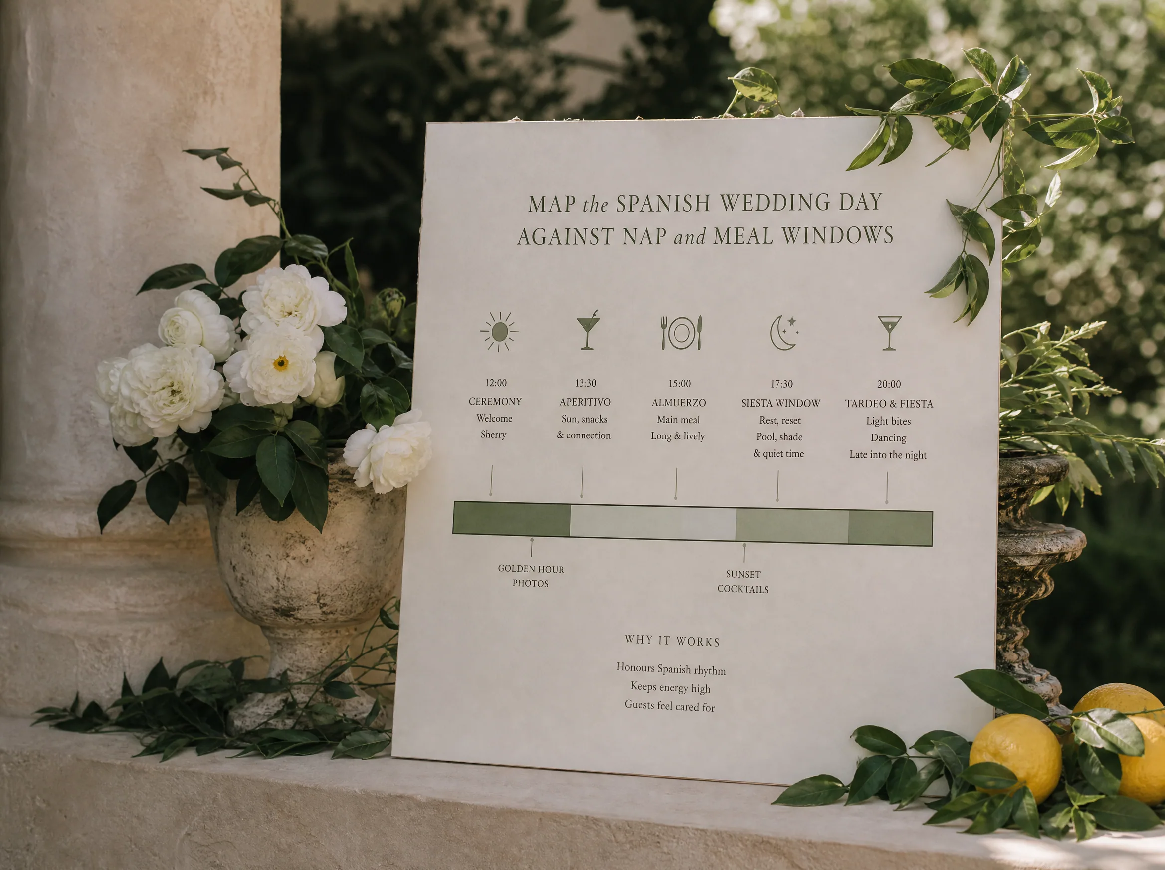 Luxury wedding detail: Map the Spanish Wedding Day Against Nap and Meal Windows