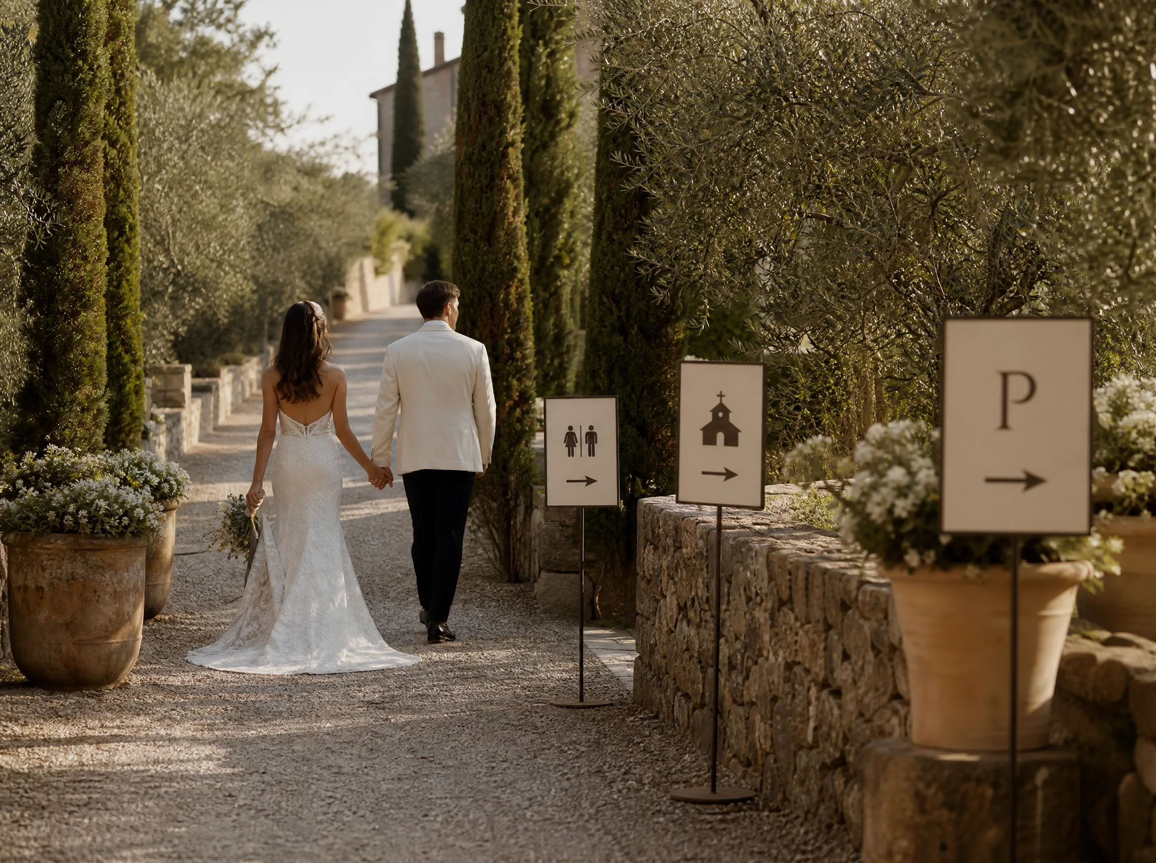Destination wedding in Spain: Place Parking, Ceremony, and Restroom Markers Where Guests Actually Look