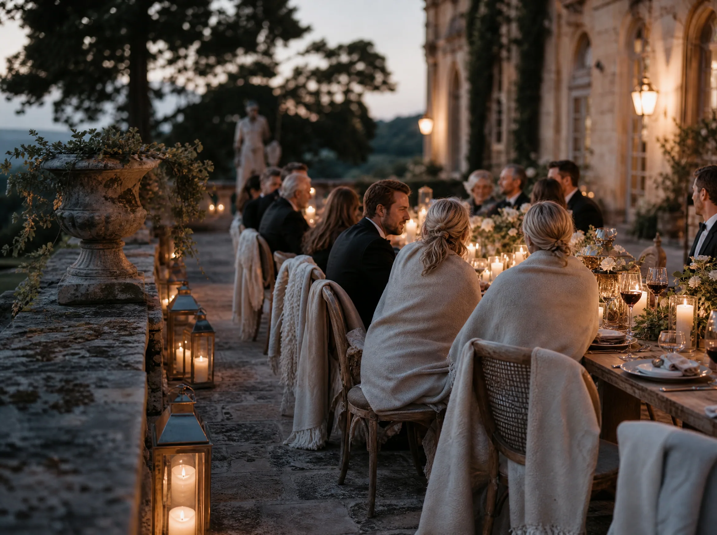 Wedding reception detail: Build an Outdoor Evening Comfort Plan Into the Timeline