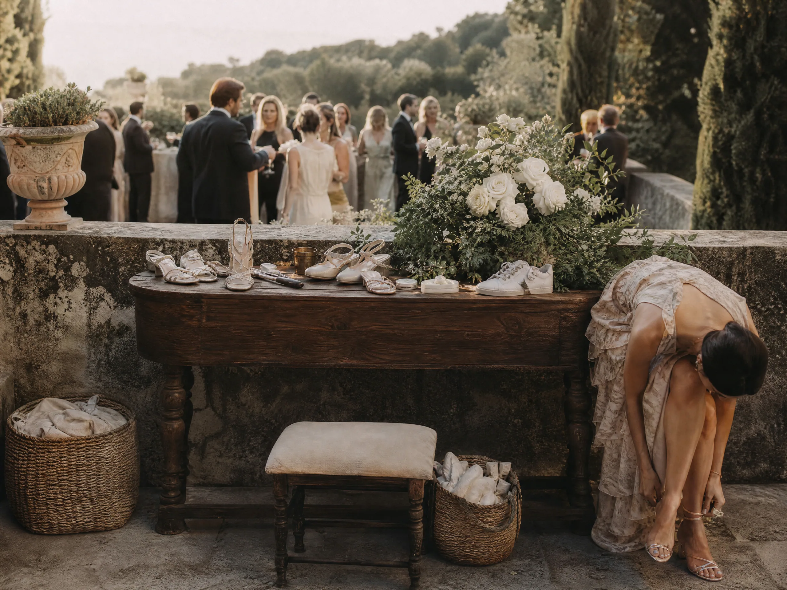 Wedding reception detail: Build a footwear and hem station that guests will actually use