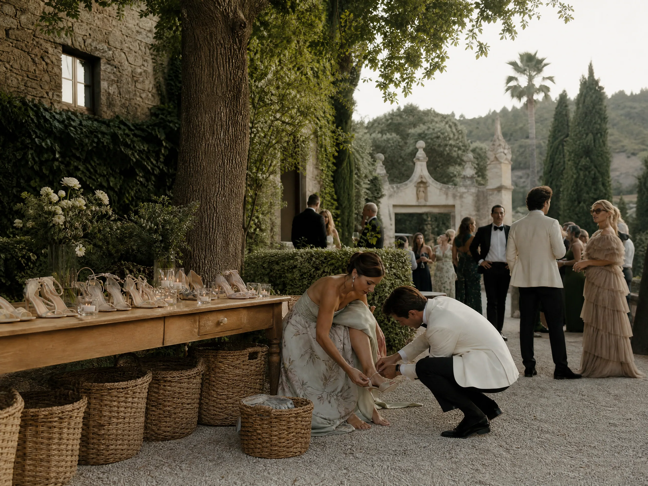 Wedding ceremony in Spain: Build a footwear and hem station that guests will actually use