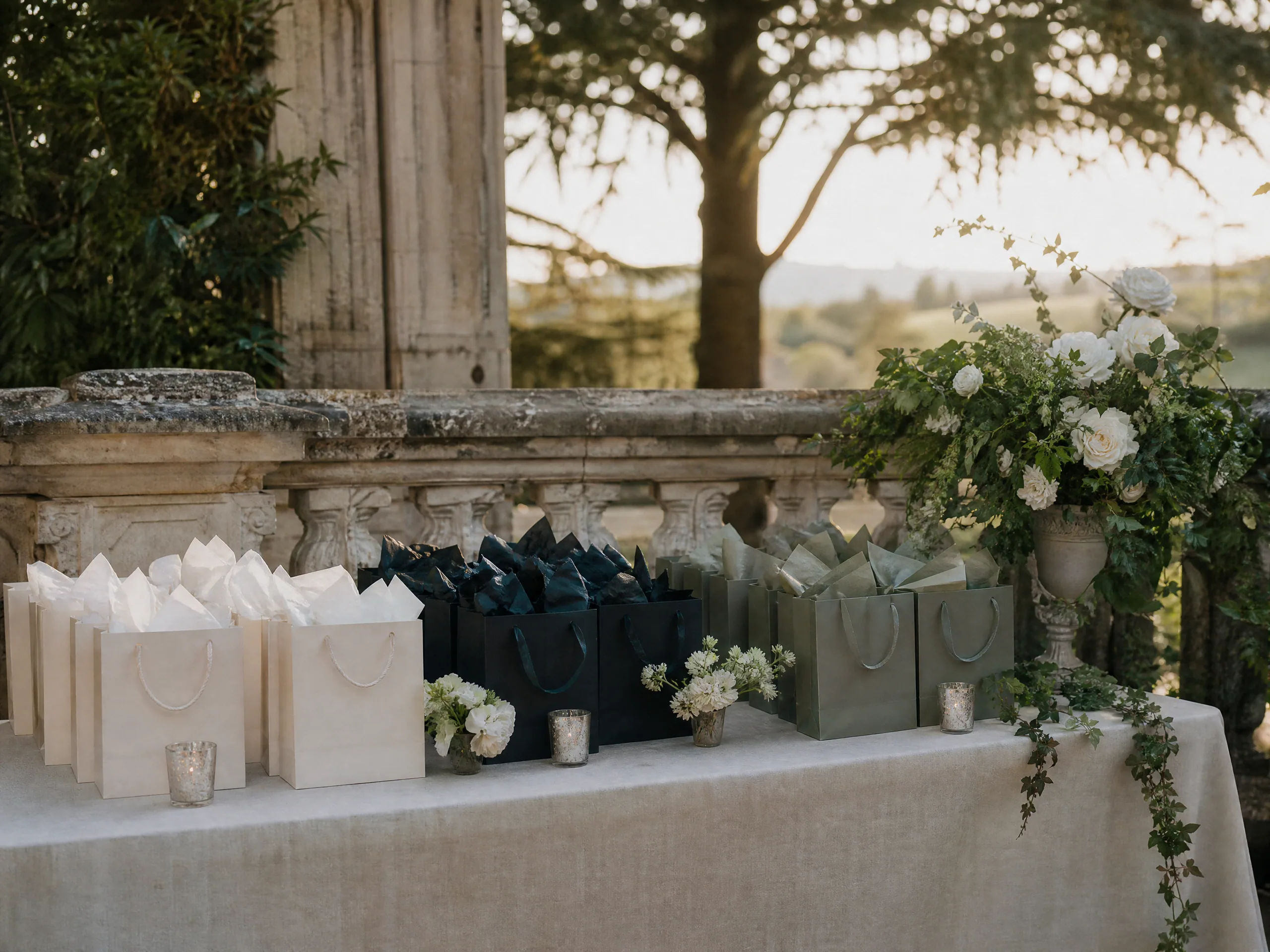 Wedding reception detail: Separate bridal, wedding-party, and guest kits