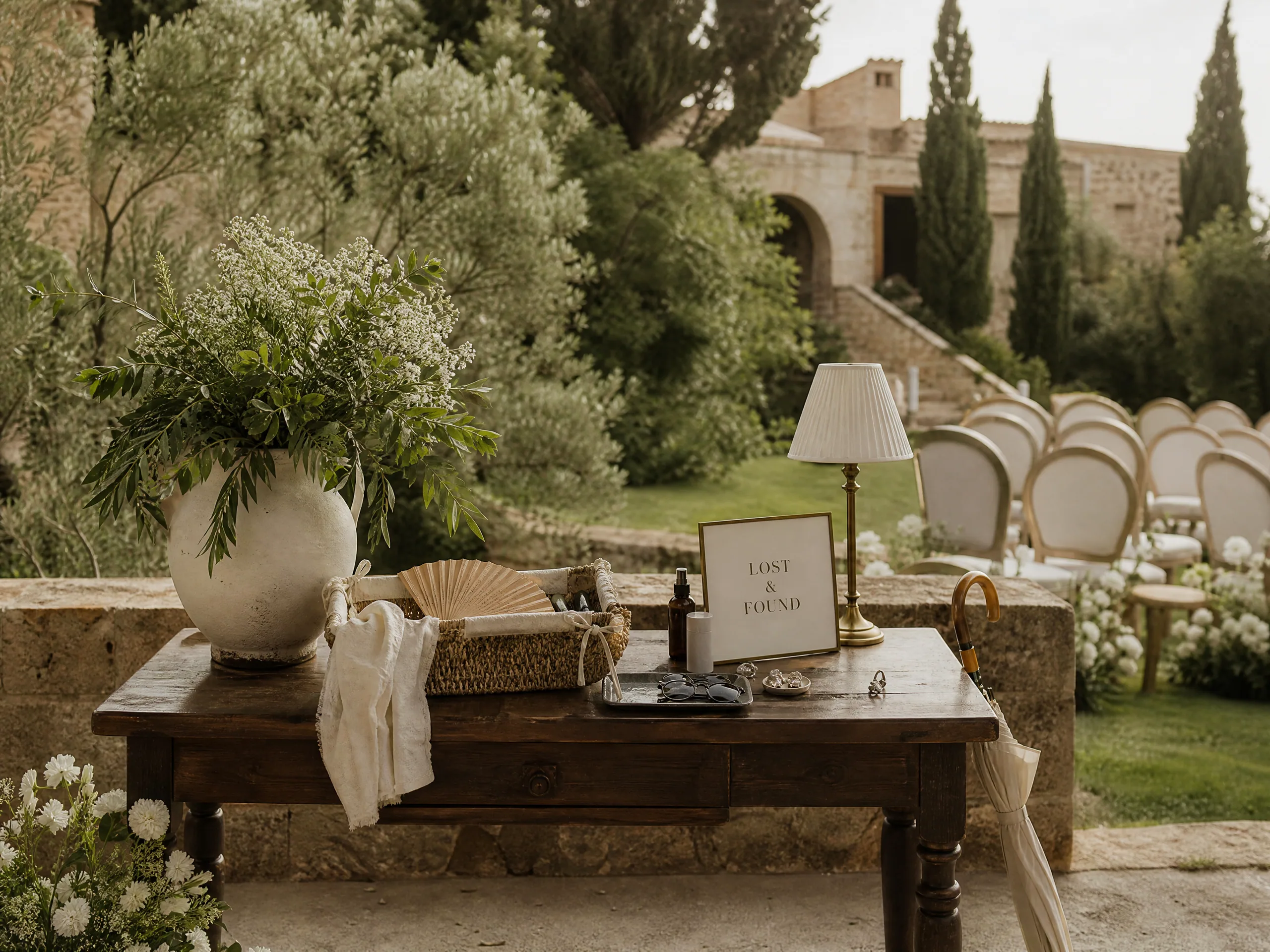 Wedding ceremony in Spain: Build a simple lost-and-found station guests can find