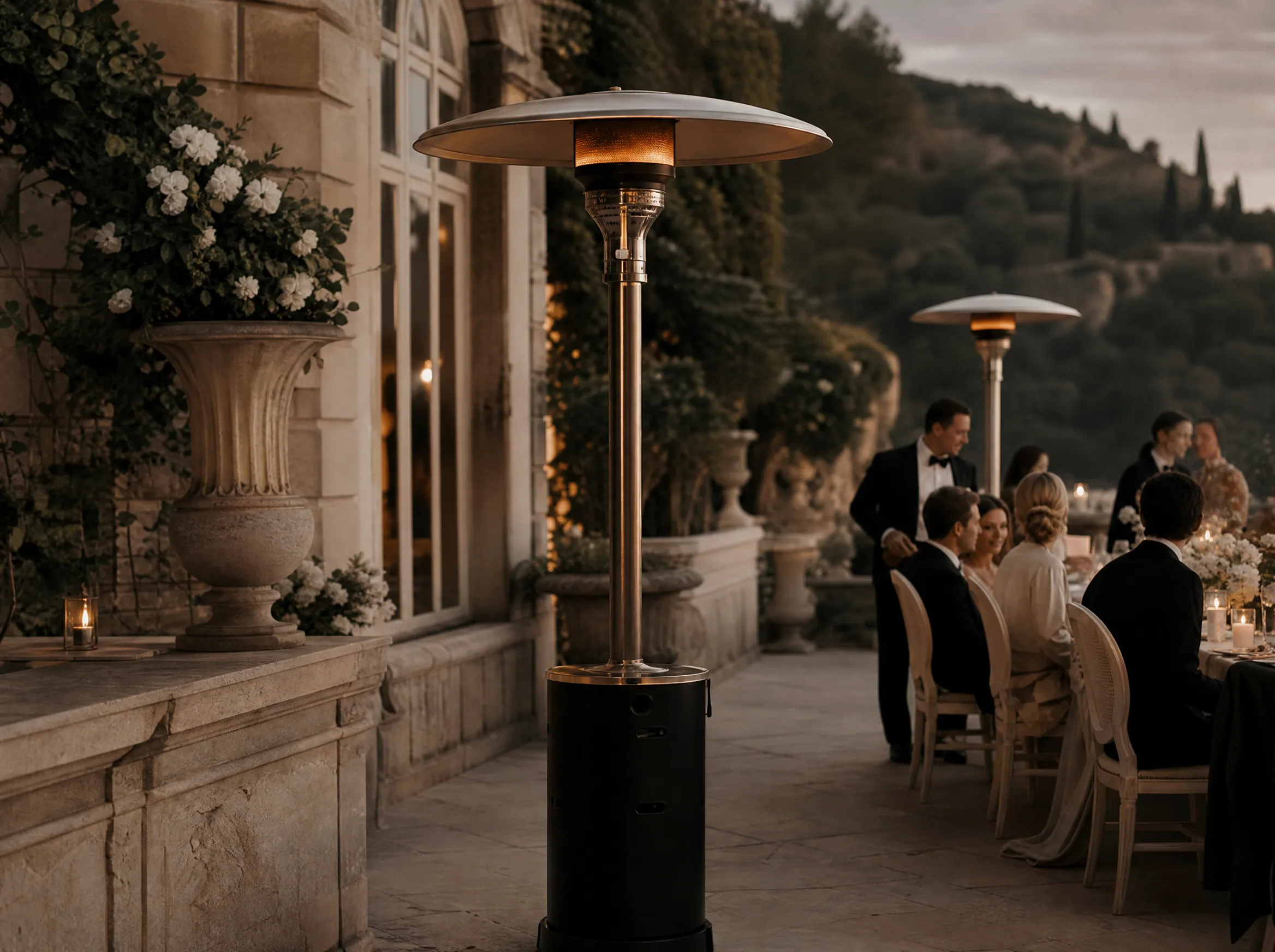 Wedding reception detail: Patio heaters, mushroom heaters, and electric options