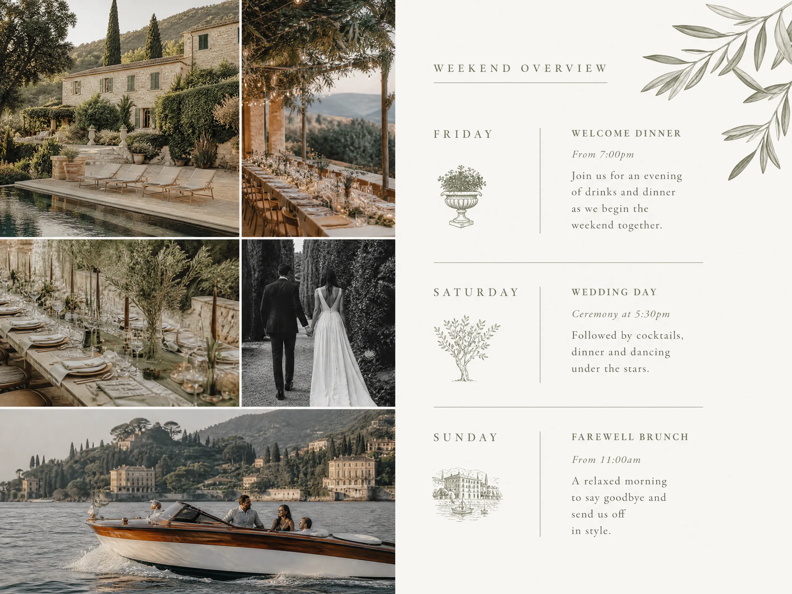 Luxury wedding detail: Design a one-page weekend overview guests will keep