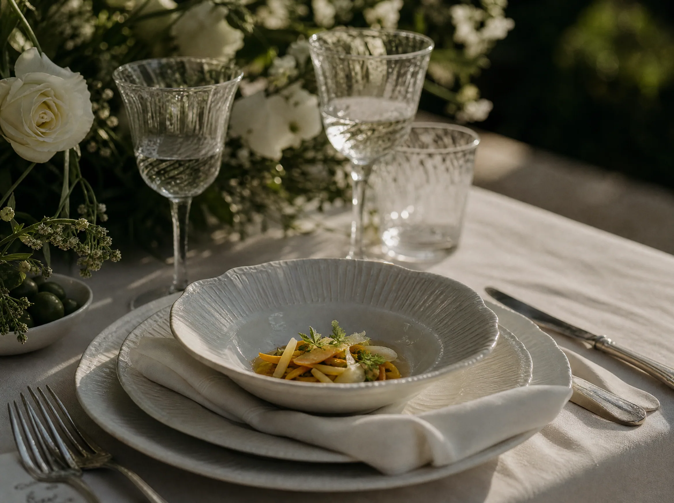 Luxury wedding detail: Explain dishes in one plain sentence
