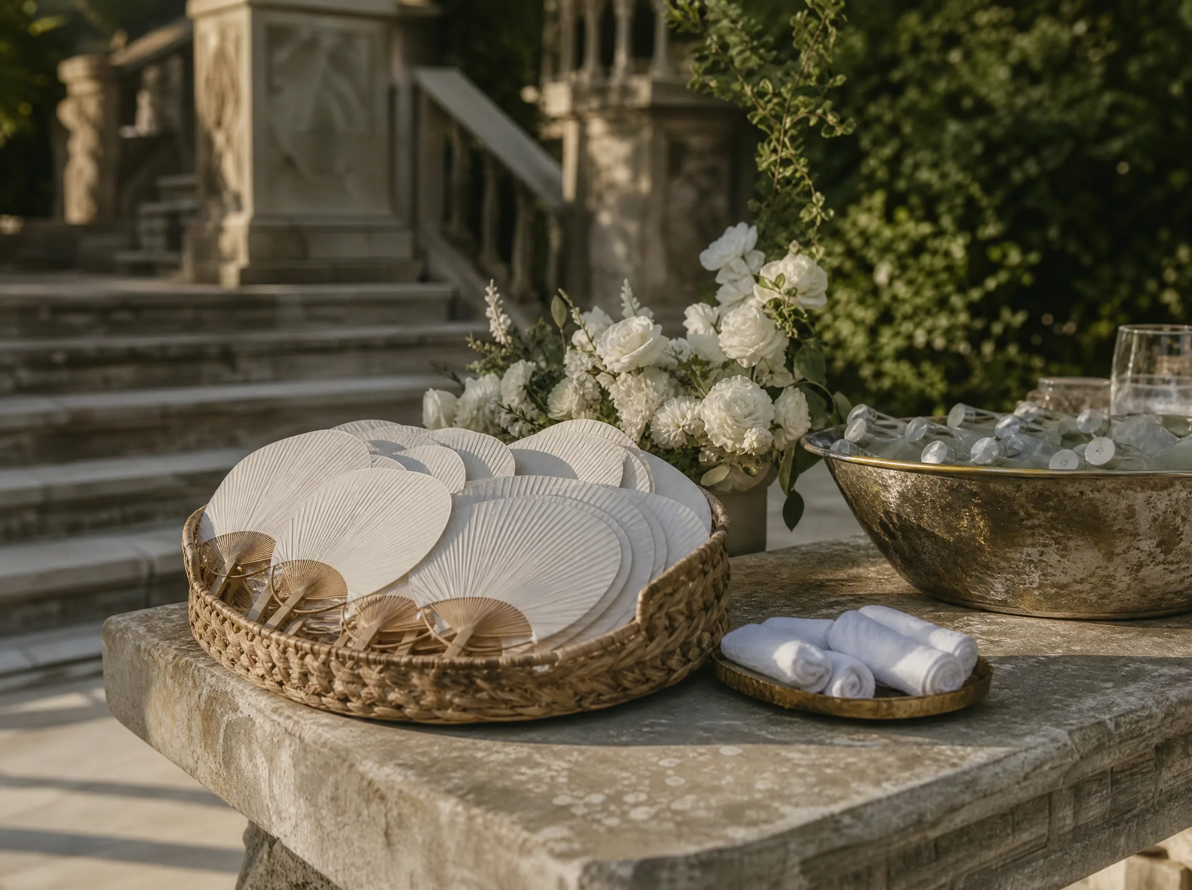 Abanicos para invitados y estaciones de alivio del calor para bodas de destino al aire libre en España