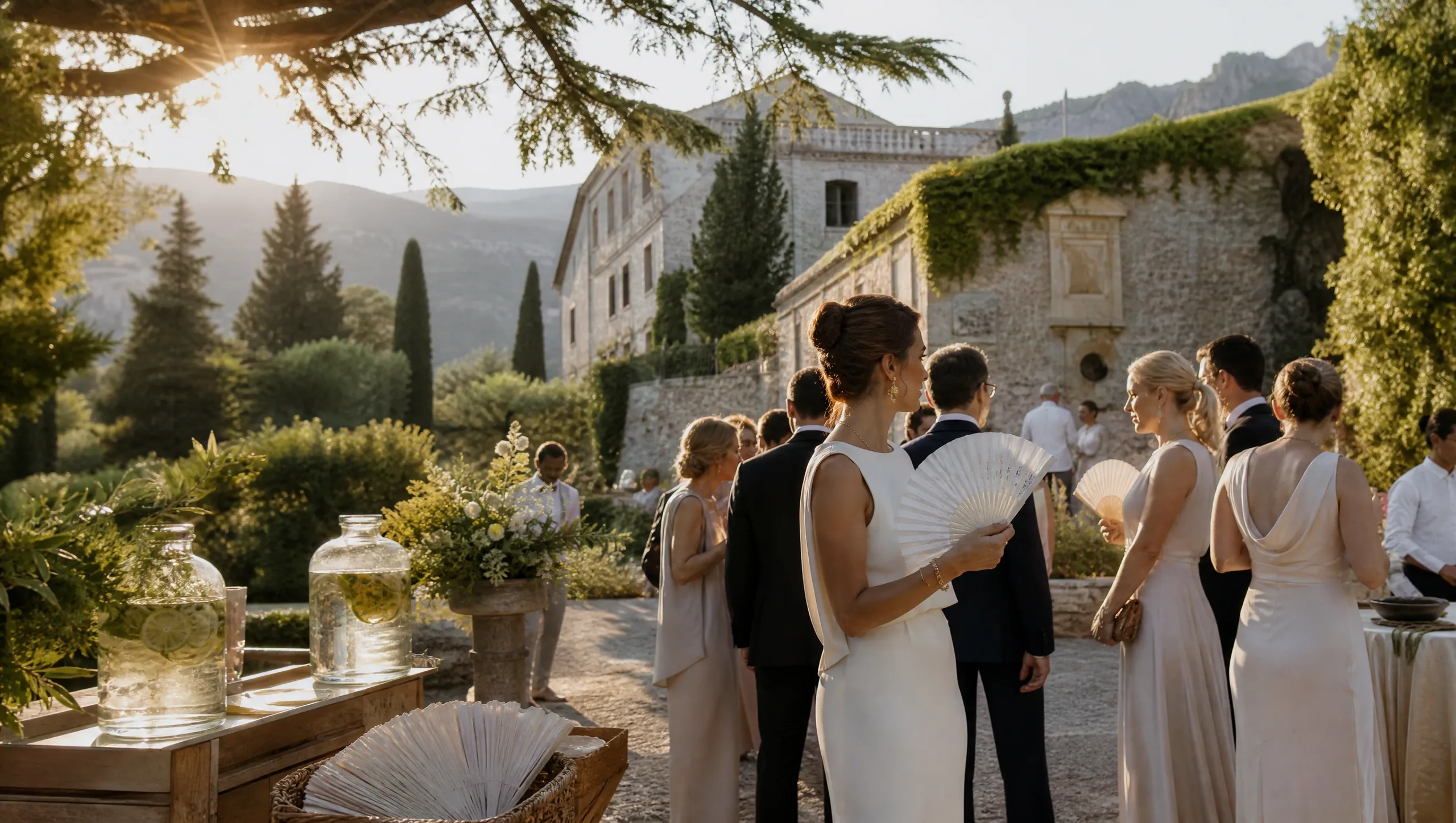 Abanicos para invitados y estaciones de alivio del calor para bodas de destino al aire libre en España