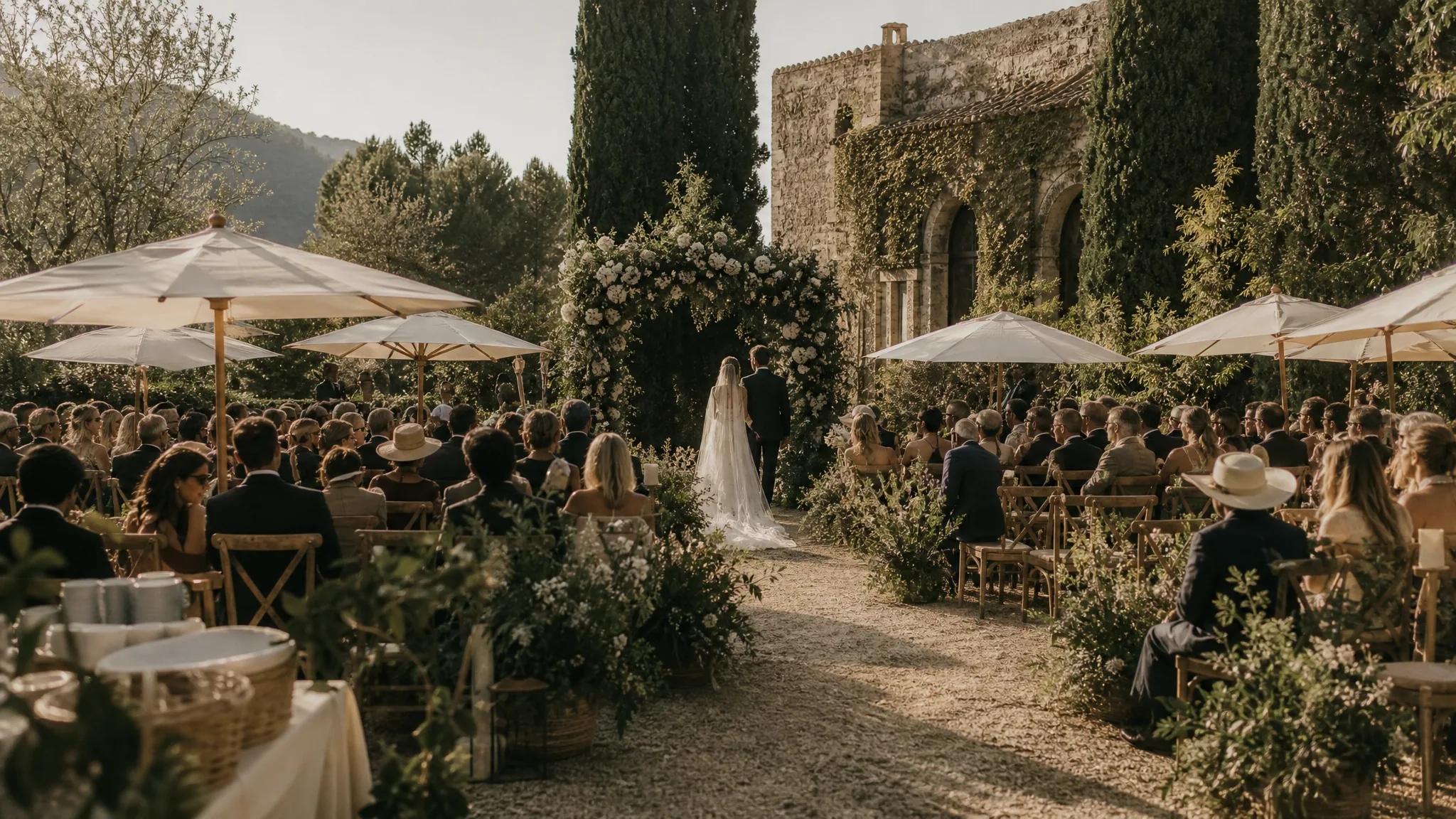 Sombrillas para invitados y estaciones de sombra para el mediodía en bodas de destino al aire libre en España