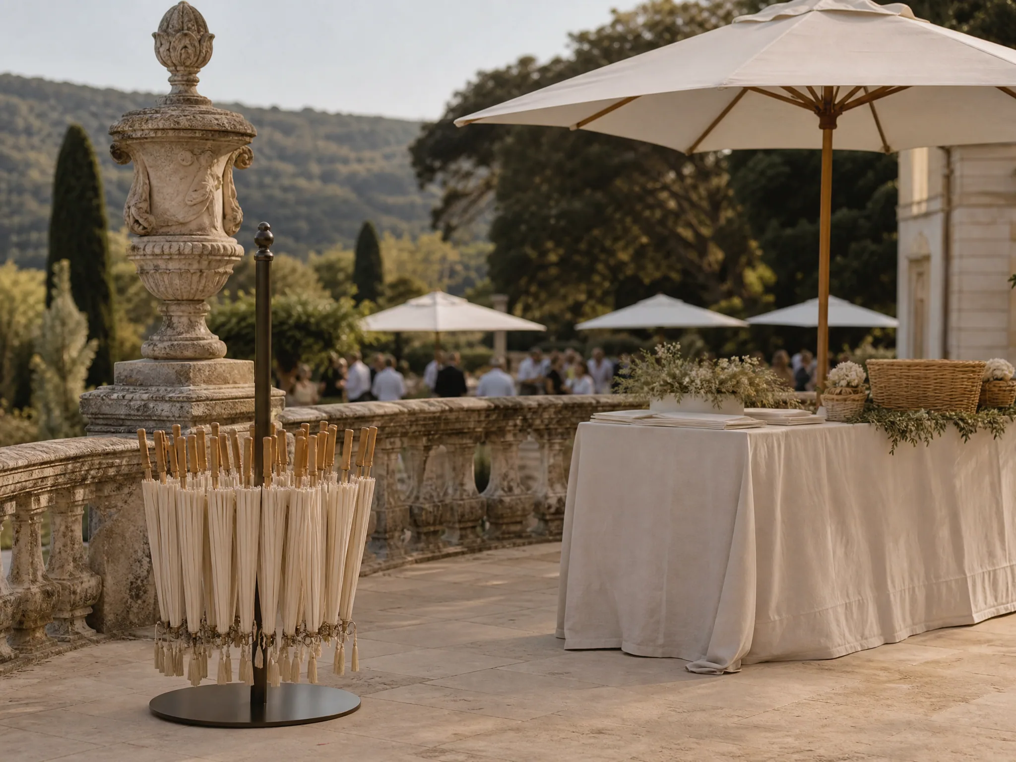 Sombrillas para invitados y estaciones de sombra para el mediodía en bodas de destino al aire libre en España