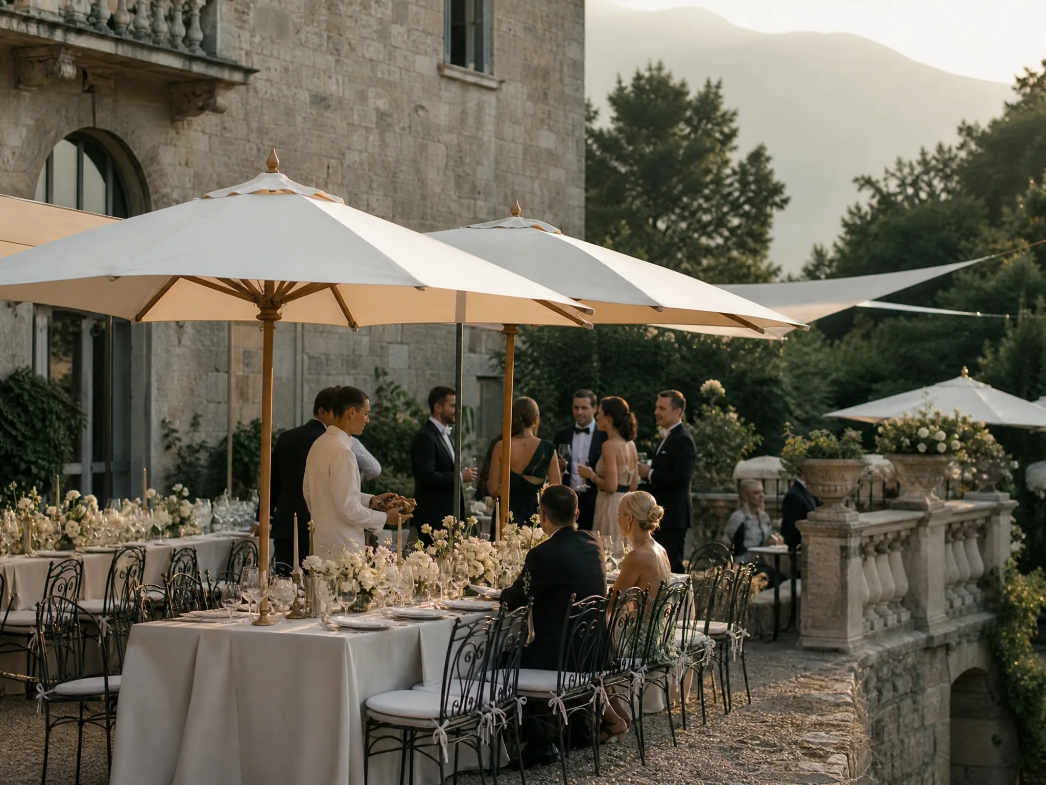 Wedding reception detail: Choose parasols, umbrellas, and sail shades for the terrain
