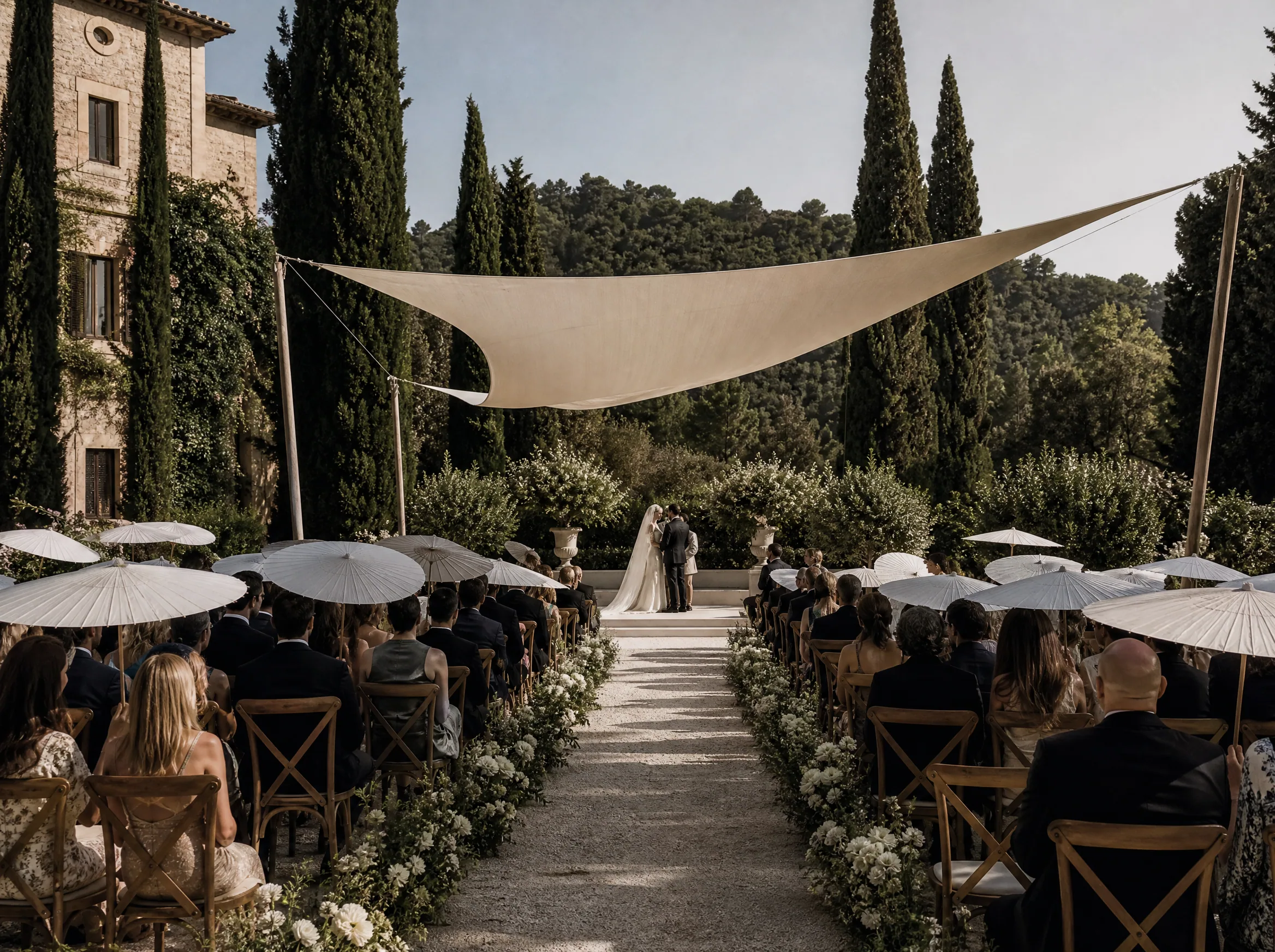 Wedding ceremony in Spain: Choose parasols, umbrellas, and sail shades for the terrain
