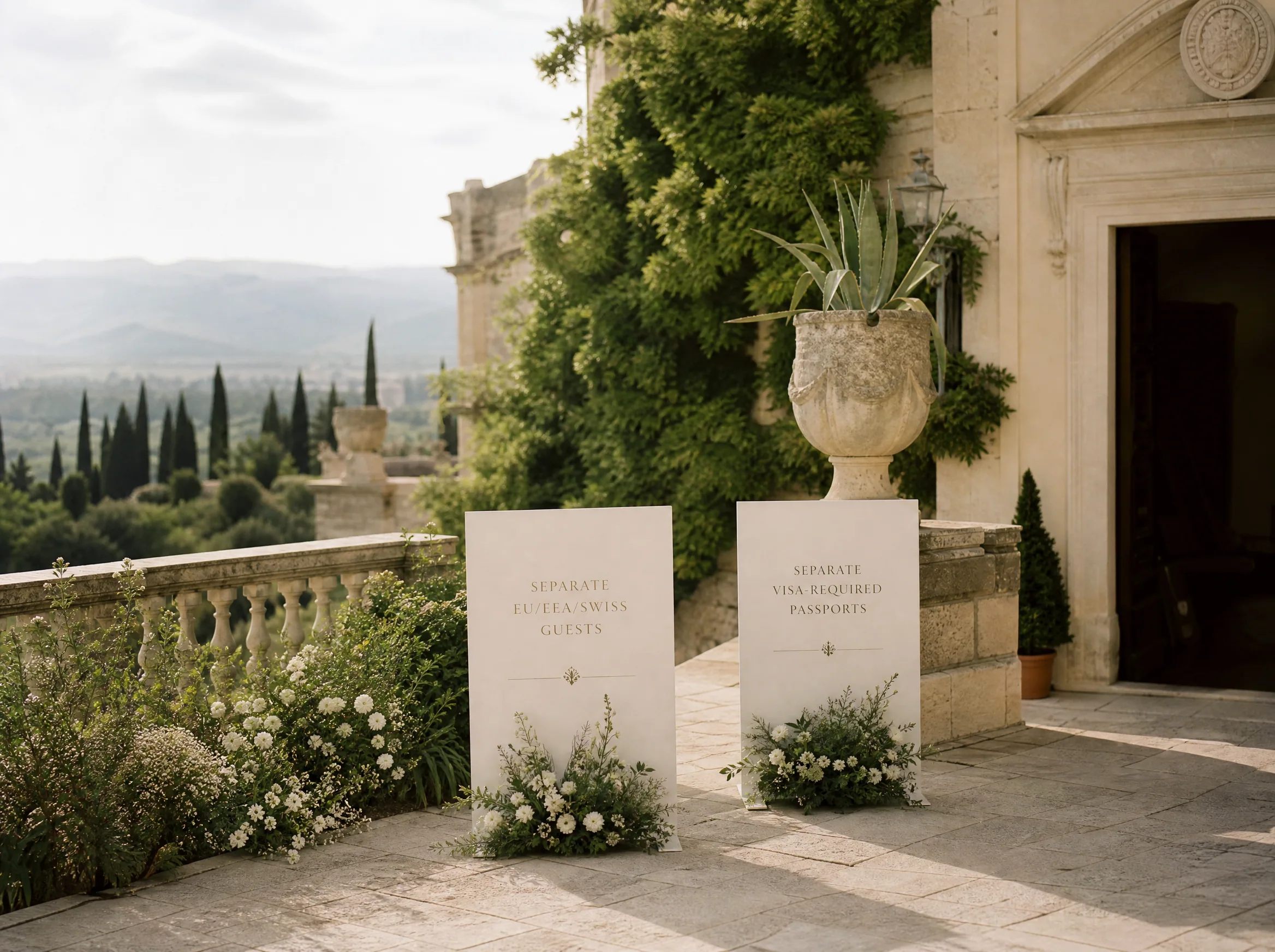 Luxury wedding detail: Separate EU/EEA/Swiss guests from visa-required passports