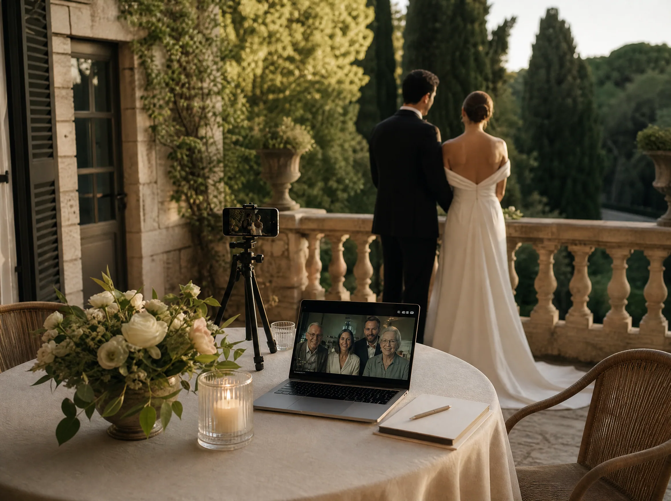 Configuración de transmisión en vivo de la ceremonia para familiares remotos en bodas de destino en España