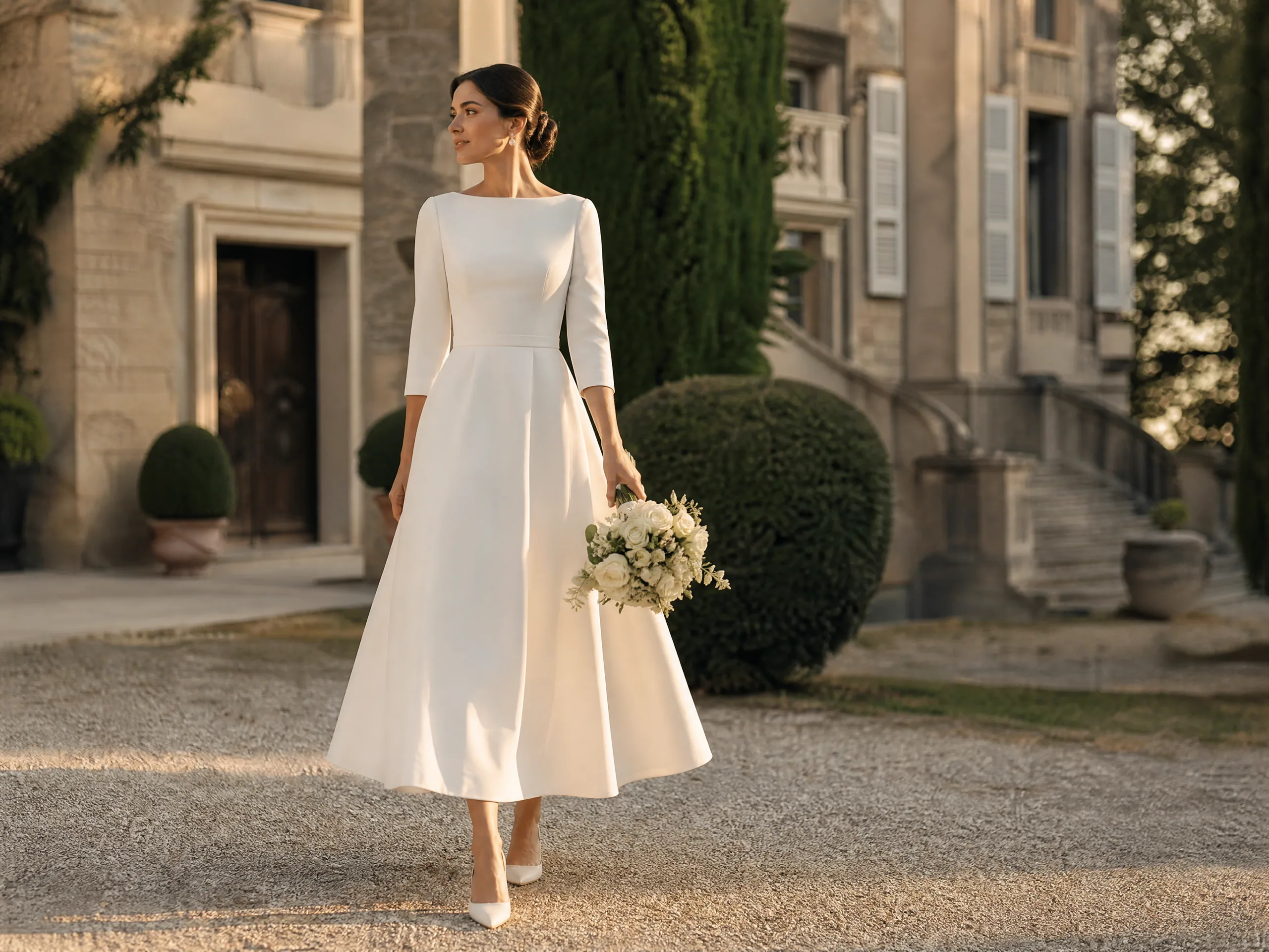 Luxury wedding detail: Dress: cover shoulders, choose modest length