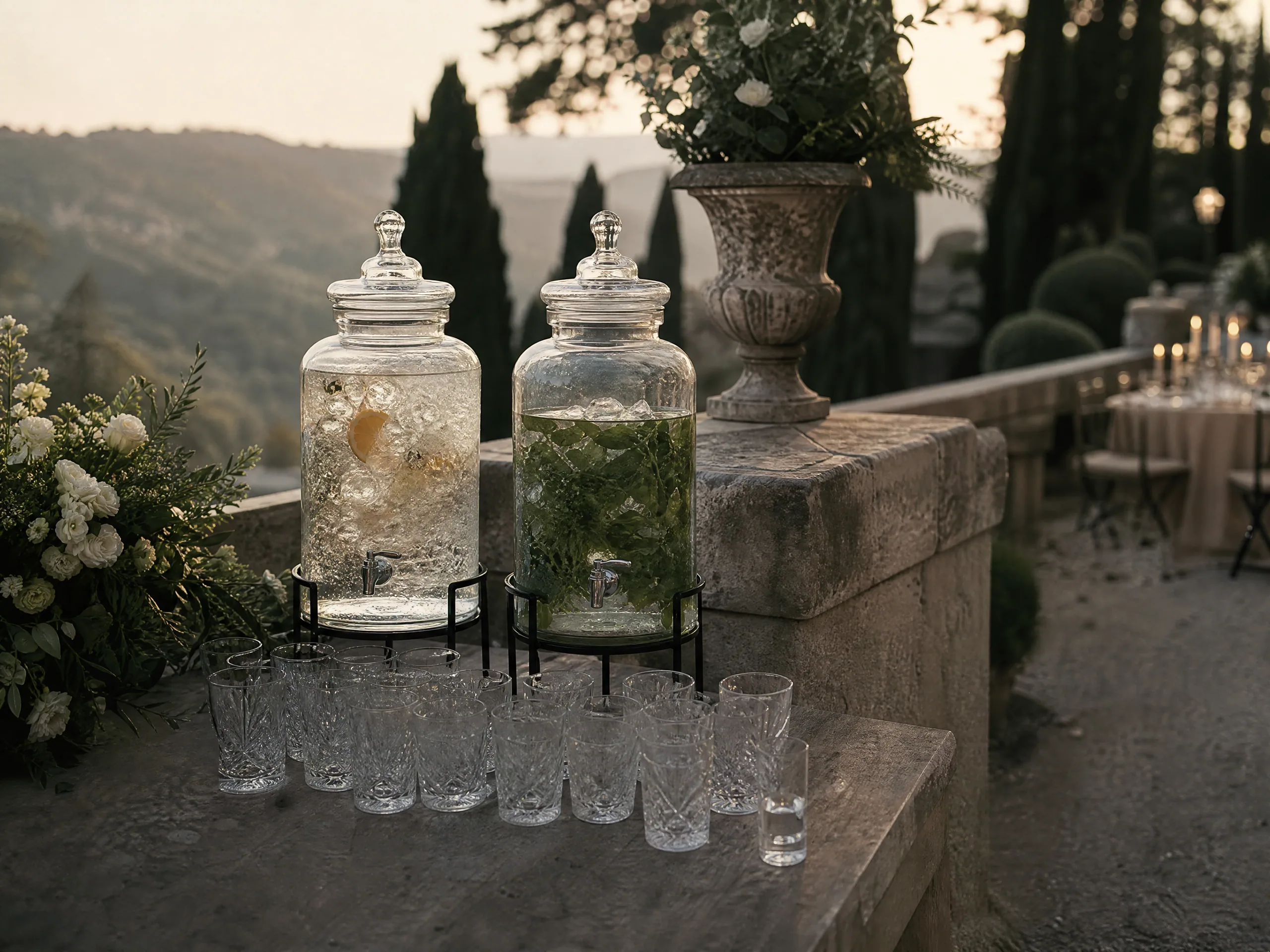 Wedding reception detail: Choose dispensers that survive outdoor Spanish conditions