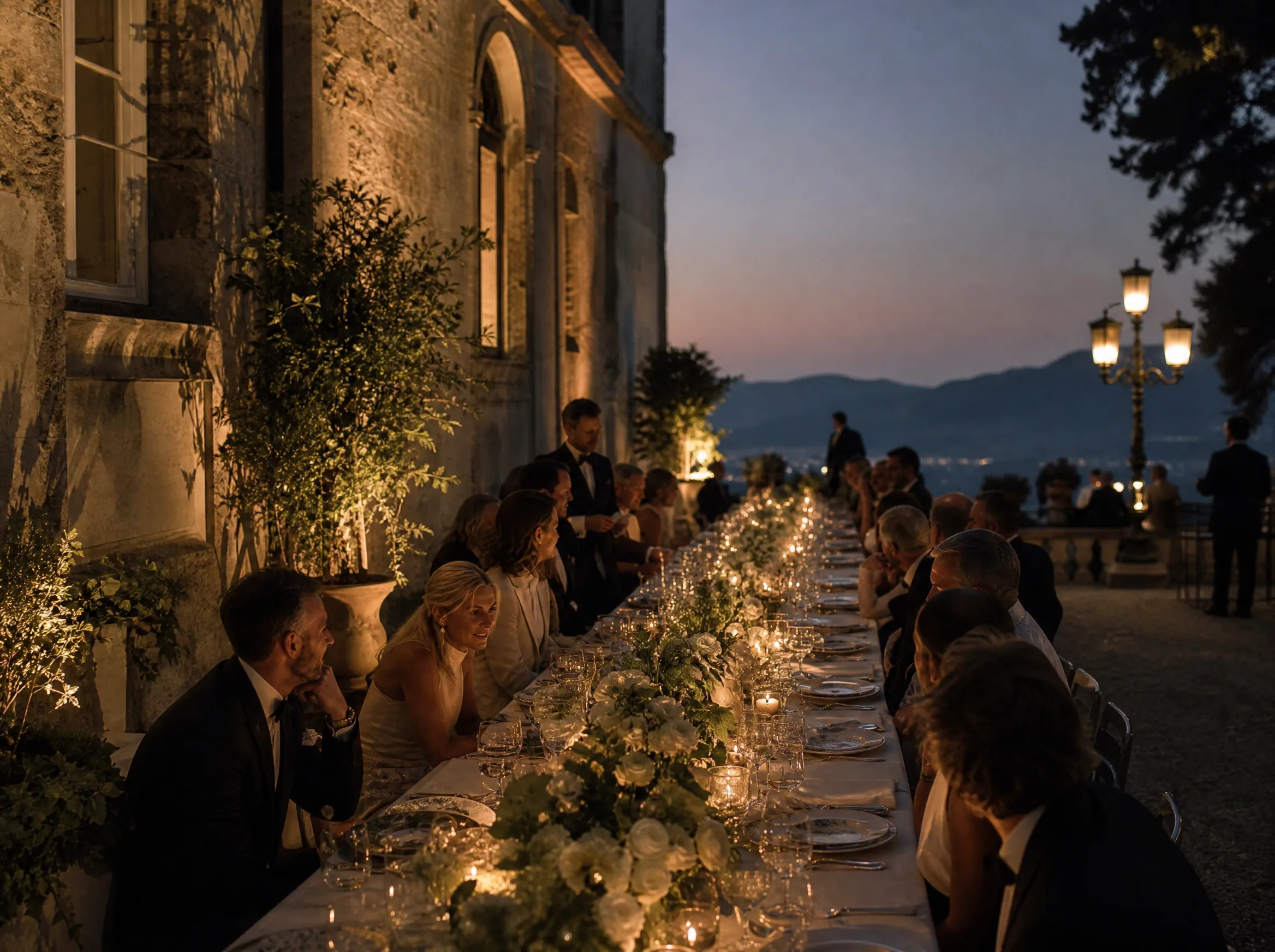 Wedding reception detail: Layer Soft Path Light, Not Stadium Floods