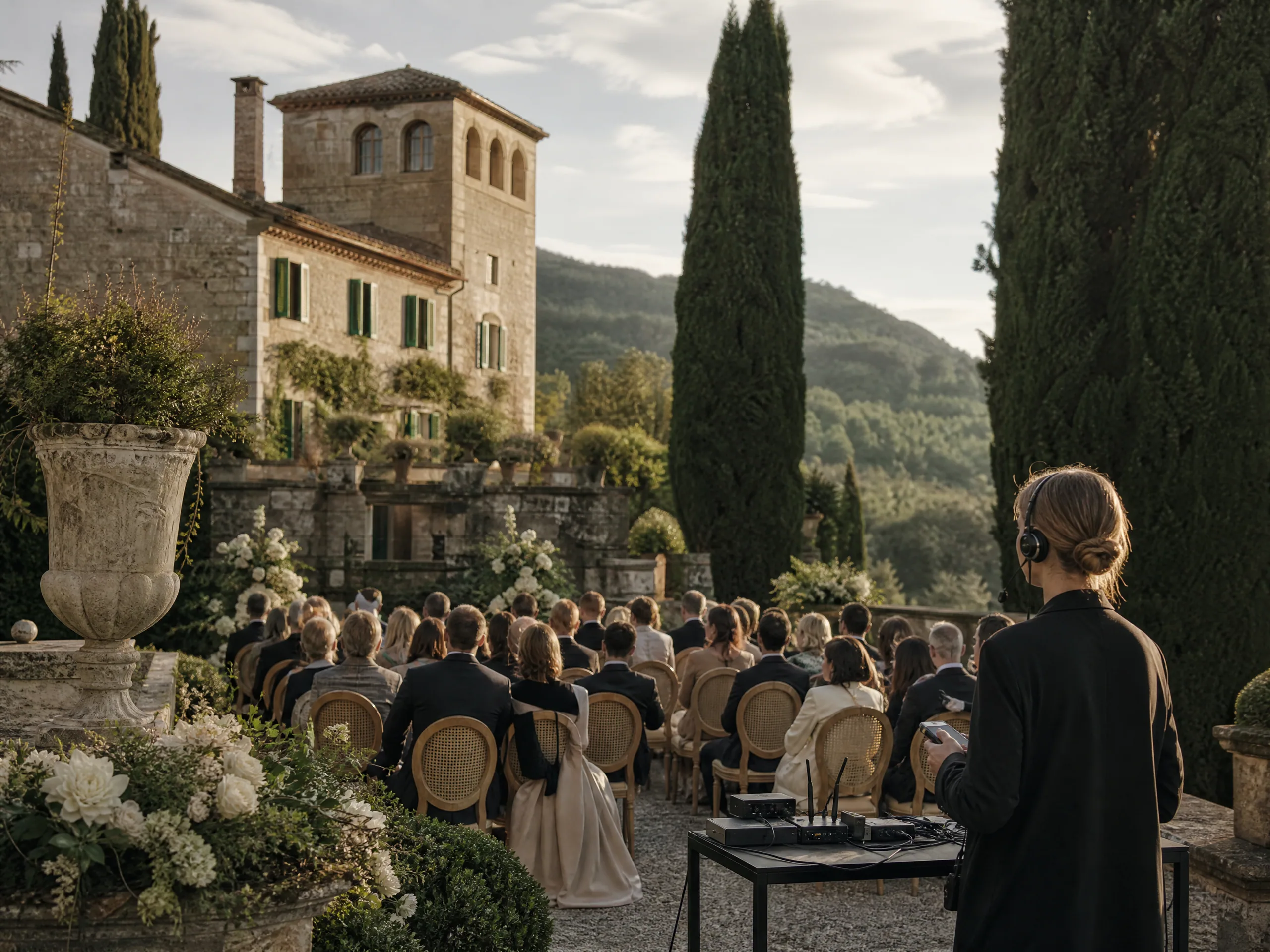 Wedding ceremony in Spain: Reserve headsets, batteries, and spare channels with your AV team