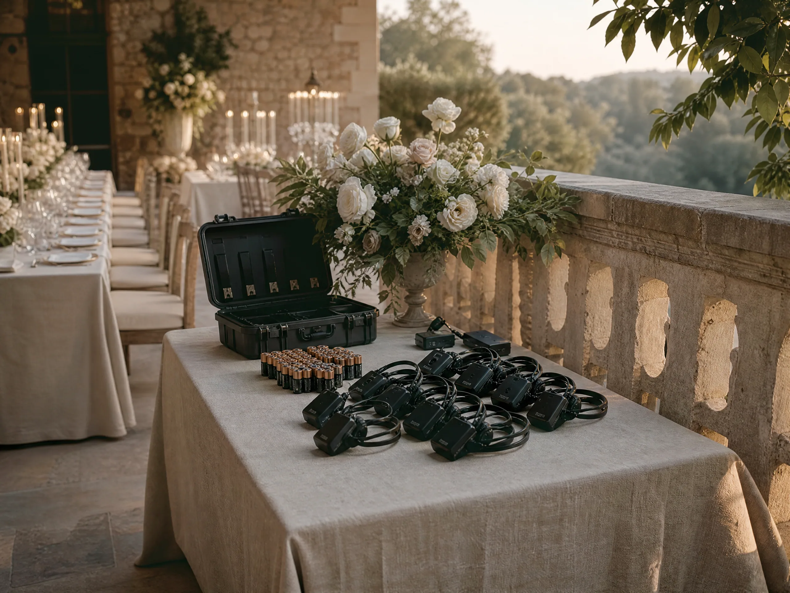 Wedding reception detail: Reserve headsets, batteries, and spare channels with your AV team